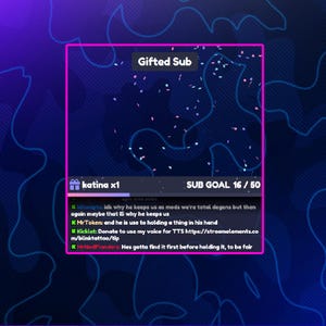 May include: A screenshot of a live stream chat with a pink and blue confetti background. The text "Gifted Sub" is displayed in a pink box. The text "katina x1" is displayed in a purple box. The text "SUB GOAL 16/50" is displayed in a gray box. The chat messages are displayed in a white box with a black border. The chat messages include: "koncepta idk why he keeps us as mods we're total degens but then again maybe that IS why he keeps us", "MrToken: and he is use to holding a thing in his hand", "Kicklet: Donate to use my voice for TTS https://streamelements.co/blinktattoo/tip", "MrNed Flanders: Hes gotta find it first before holding it, to be fair".