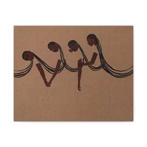 May include: A digital illustration of four women with long black hair, each woman is connected to the next by their hair, creating a wave-like pattern. The women are depicted in a silhouette style with brown skin tones.