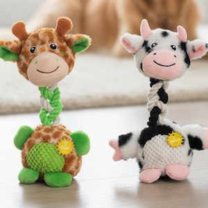 Plüsch-Hundespielzeug mit Seil, Giraffe und Kuh Langlebiges quietschendes Kauspielzeug, Quietscher sowohl im Kopf als auch im Körper, niedliches Welpen-Beißspielzeug, kleiner mittelgroßer Hund