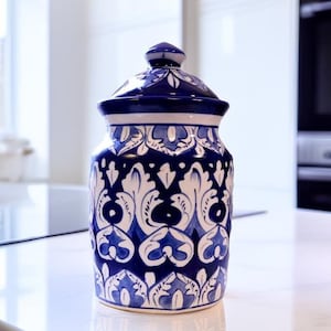 Ceramic Canister With Lid, Blue White Pottery Jar, Handmade By Artisans, Kitchen Storage, Vintage Tea Coffee Canister, Sugar Storage Decor