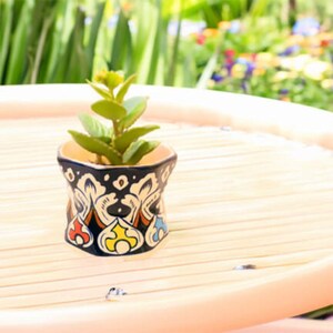 May include: A small ceramic pot with a plant. The pot is black with a colourful floral design in red, yellow, and blue. The plant has green leaves. The pot is on a light-coloured surface.