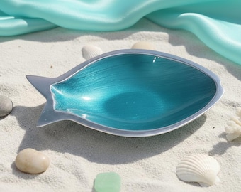 Fish Trinket Dish, Handmade Recycled Aluminum Blue Green Jewelry Tray, Small Ring Dish, Nautical Ocean Gift