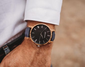 Wooden Watch For Men, Minimal Style, Blue Strap Classic Wrist Watch, Sustainable Gift For Him, Christmas Gift, Birthday Gift For Husband