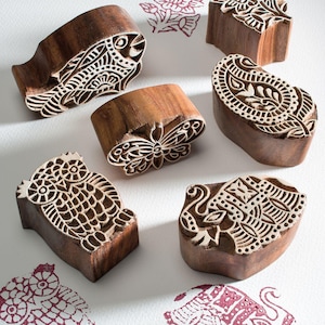 Wooden Indian Block Stamps, Butterfly, Owl, Paisley, Flower, Elephant, Fish Block Printing, Unique Hand Carved Printing Tool, DIY Stamps