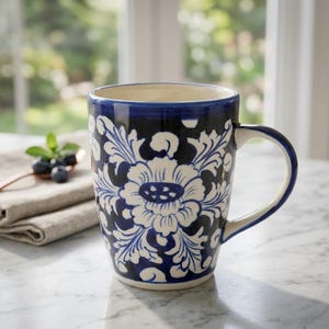 May include: A ceramic mug with a blue and white floral design. The mug has a dark blue rim and handle, and the floral pattern is centered on the front. The mug is sitting on a marble surface.
