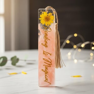 Reading Is Magical Bookmark With Real Pressed Flowers, Cute Gift For Student & Book Lovers, Shimmering Pink Resin Bookmark With Gold Script