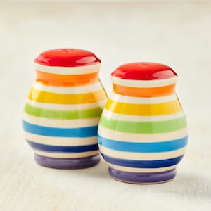 Rainbow Salt Pepper Shaker, Ceramic Stripe Decorative Shaker Set, Novelty Salt Pepper Set, Handmade Table top Accessories, Spice Holders Set