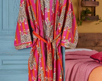 Tiger Print Dressing Gown With Pocket | Vibrant Cotton Lounge Robe | Handmade Wrap Kimono | Orange Pink Striped Loungewear | Gift for Her