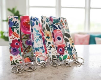 Handmade Floral Fabric Wristlet Key Fob: Long Key Strap