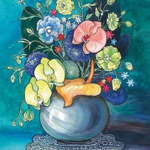 Ilustración en acuarela de un ramo de orquídeas en un jarrón. Póster