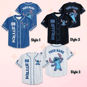 May include: Baseball jerseys in three styles, each featuring a cartoon character. Style 1 is blue with white pinstripes, Style 2 is black with blue pinstripes, and Style 3 is white with blue pinstripes. Each jersey has the text "YOUR NAME" and "STITCH".