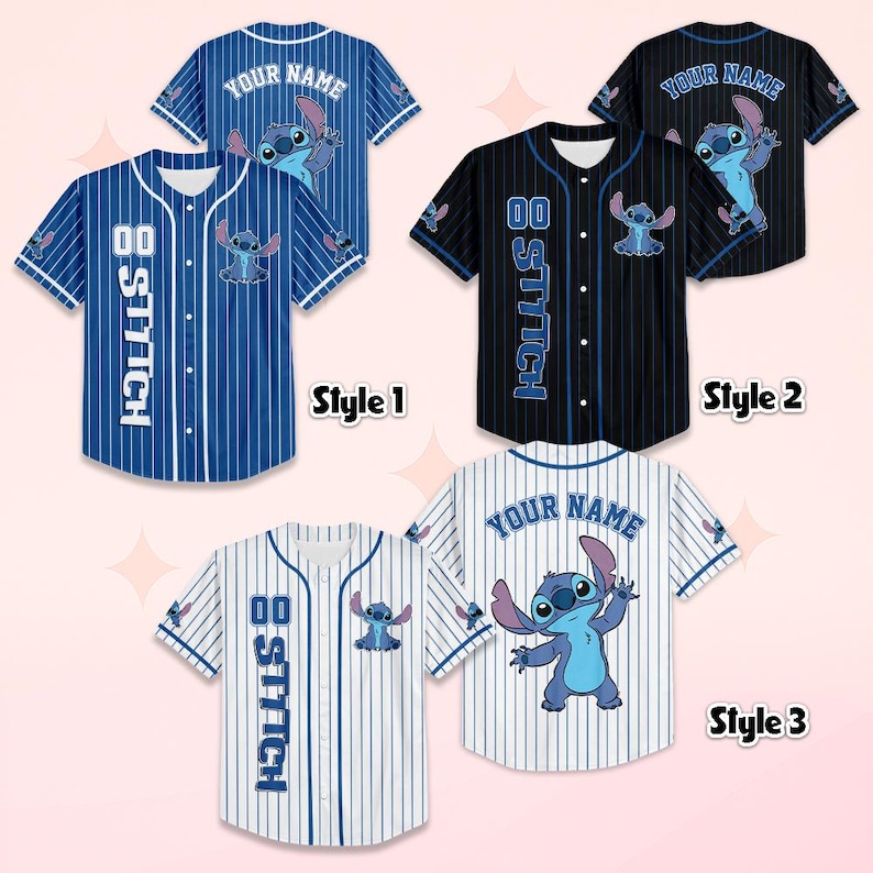 May include: Baseball jerseys in three styles, each featuring a cartoon character. Style 1 is blue with white pinstripes, Style 2 is black with blue pinstripes, and Style 3 is white with blue pinstripes. Each jersey has the text "YOUR NAME" and "STITCH".