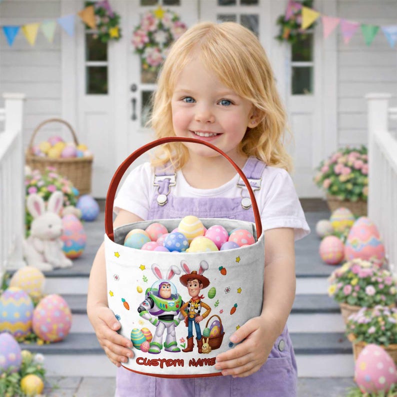 Buzz Lightyear & Woody Bunny Easter Basket, Buzz Lightyear Woody Bunny Easter Egg Basket, Disneyland Toy Story Family Easter Bag Decor image 4