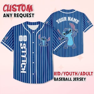 May include: Blue baseball jersey with white pinstripes, featuring a cartoon character. The front displays the word "STITCH" and the number "00". The back has the text "YOUR NAME". The jersey is available in kid, youth, and adult sizes.