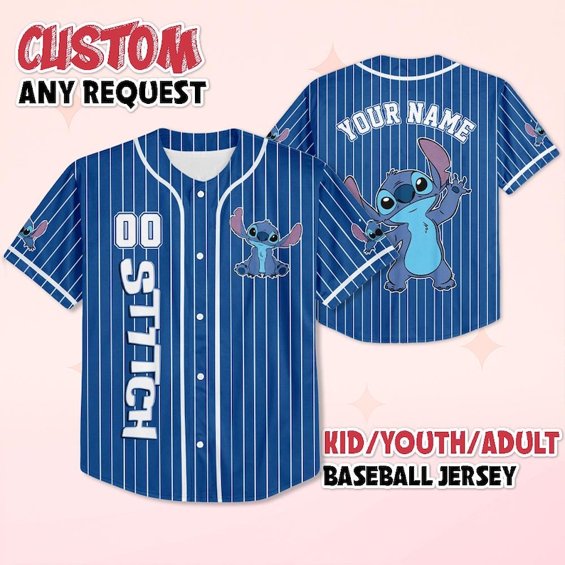 May include: Blue baseball jersey with white pinstripes, featuring a cartoon character. The front displays the word "STITCH" and the number "00". The back has the text "YOUR NAME". The jersey is available in kid, youth, and adult sizes.
