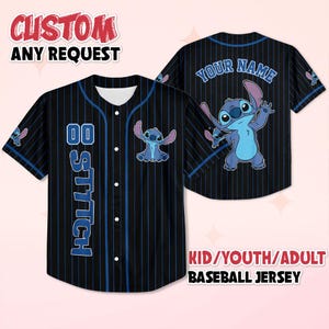 May include: Black baseball jersey with blue pinstripes, featuring a cartoon character. The jersey has the word "STITCH" and the number "00" on the front. The back of the jersey has the text "YOUR NAME". The text "CUSTOM ANY REQUEST" is at the top.