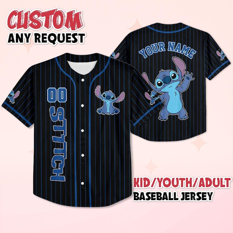 May include: Black baseball jersey with blue pinstripes, featuring a cartoon character. The jersey has the word "STITCH" and the number "00" on the front. The back of the jersey has the text "YOUR NAME". The text "CUSTOM ANY REQUEST" is at the top.