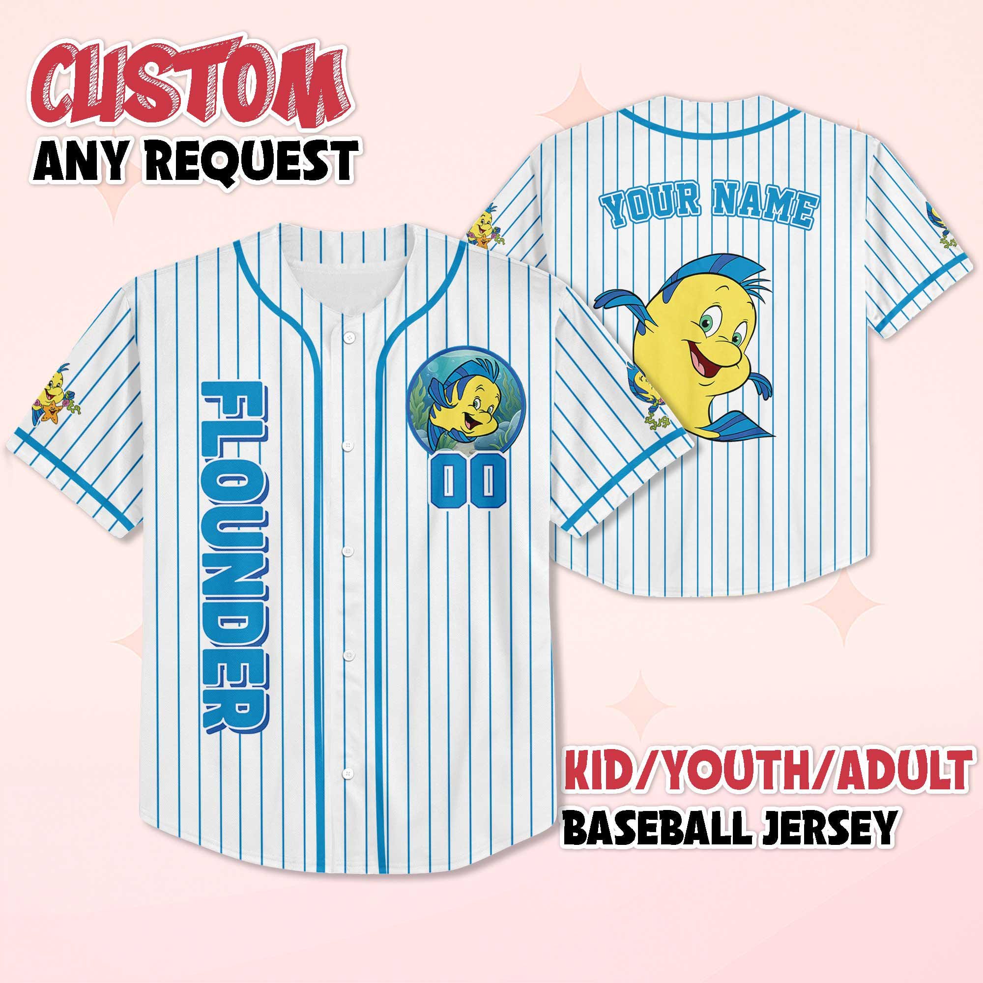 Discover Custom Flounder Baseball Jersey, Personalized Disney The Litlte Mermaid Shirt, Matching Family Shirt, Disney Gifts