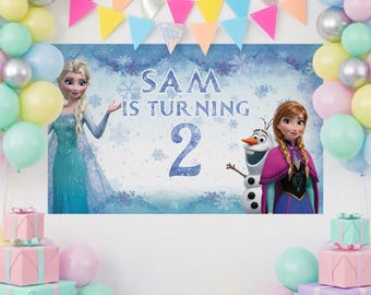 Custom Frozen Birthday Backdrop Banner, Elsa and Anna Birthday Party Banner for Girls