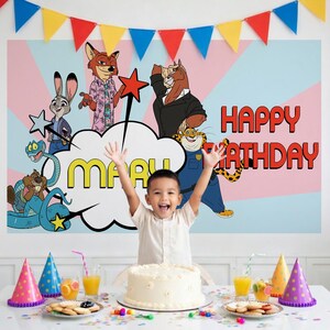 May include: A birthday party scene with a child in front of a cake. A backdrop features cartoon characters and the words "HAPPY BIRTHDAY" and a name. Colorful party hats, drinks, and cookies are on the table.