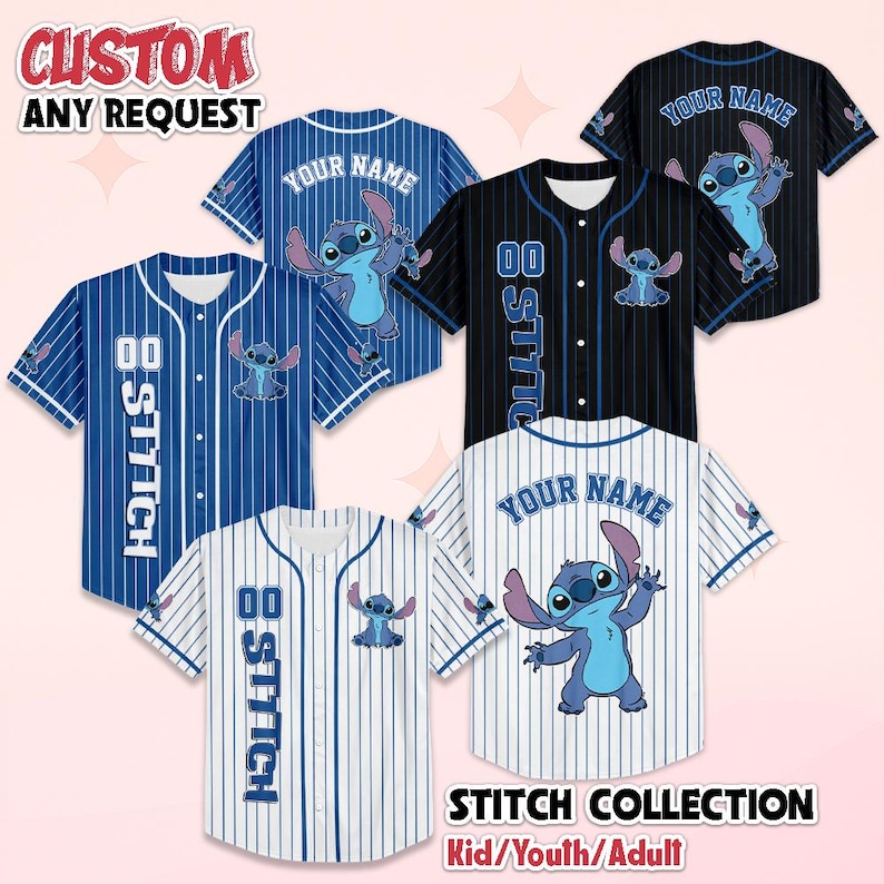 May include: Baseball jerseys featuring the character Stitch in various designs. The jerseys are blue, black, and white with vertical stripes and the text "STITCH" and "YOUR NAME". The image includes the text "CUSTOM ANY REQUEST" and "STITCH COLLECTION Kid/Youth/Adult".