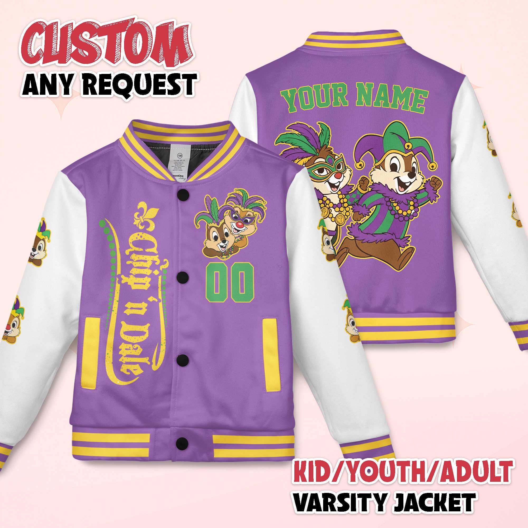 Discover Custom Chip and Dale Mardi Gras Varsity Jacket, Personalized Disney Chip 'n' Dale Baseball Jacket, Birthday Gift