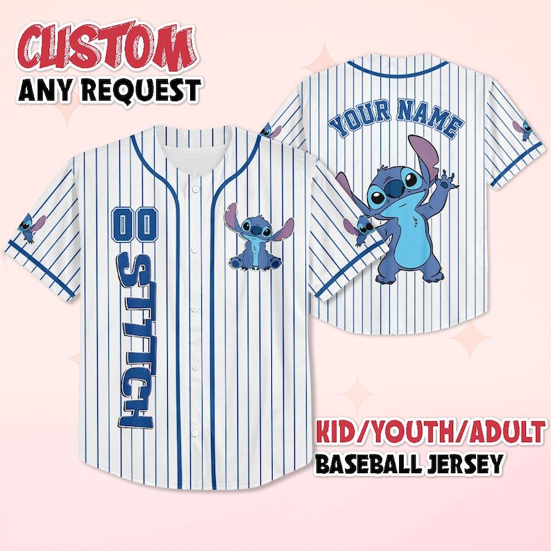 May include: White baseball jersey with blue pinstripes and accents. Features a cartoon character graphic and the text "STITCH" and "YOUR NAME". The jersey is available in kid, youth, and adult sizes.
