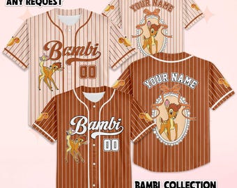 パーソナライズされたバンビ野球ジャージ、カスタムディズニーバンビシャツ、ディズニーランド野球チーム衣装、誕生日プレゼント