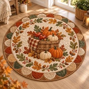 May include: A round quilted rug featuring a central basket filled with orange and white pumpkins, red apples, and a red and white checkered cloth. The border is decorated with a wreath of autumn leaves, acorns, and berries in shades of green, orange, and brown.