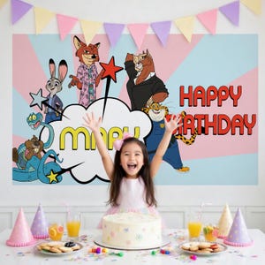 May include: A birthday party scene with a backdrop featuring cartoon characters and the words "Happy Birthday." A young girl with a pink bow is in front of a cake, surrounded by party hats, snacks, and drinks. A banner with colorful pennants hangs above.