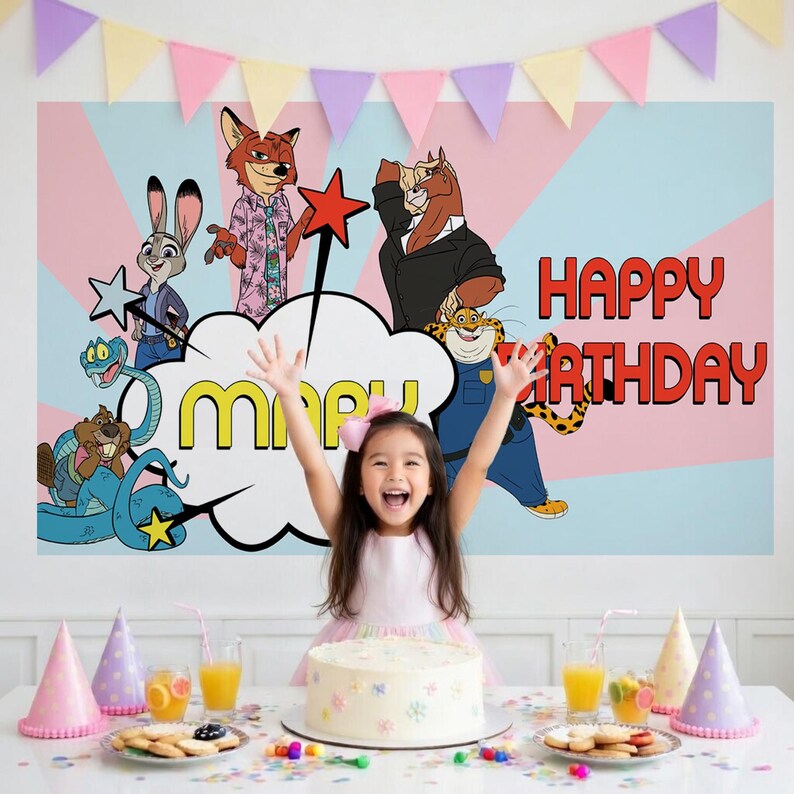 May include: A birthday party scene with a backdrop featuring cartoon characters and the words "Happy Birthday." A young girl with a pink bow is in front of a cake, surrounded by party hats, snacks, and drinks. A banner with colorful pennants hangs above.