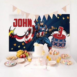 May include: A birthday party scene with a Captain America theme. A backdrop features Captain America and the name "JOHN". A white cake, cupcakes, cookies, and fruit are on the table. A cake with a number 3 is also present. A banner of pennants hangs above.