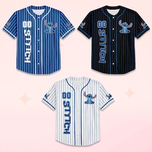 May include: Three baseball jerseys with a Stitch cartoon design. The jerseys are blue, black, and white, each with vertical stripes. The word "STITCH" is printed vertically on the front, along with the number "00" and a Stitch character.
