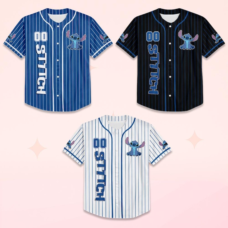 May include: Three baseball jerseys with a Stitch cartoon design. The jerseys are blue, black, and white, each with vertical stripes. The word "STITCH" is printed vertically on the front, along with the number "00" and a Stitch character.
