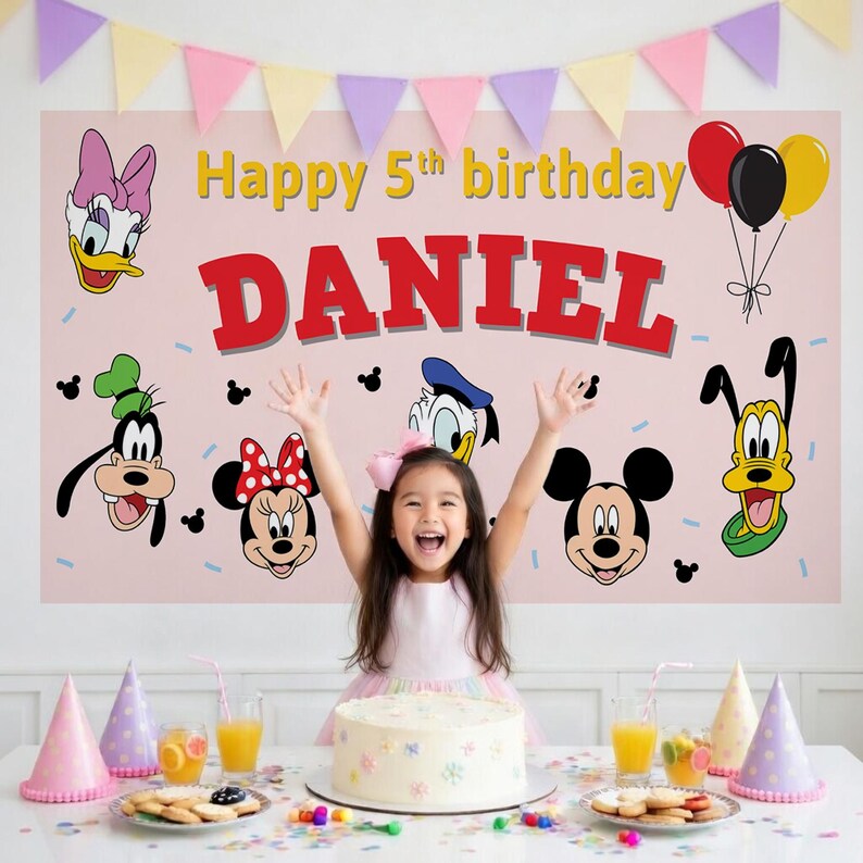 May include: A pink birthday banner with Disney characters, the text "Happy 5th birthday DANIEL", and balloons. A young girl is in front of a table with a cake, party hats, and snacks.