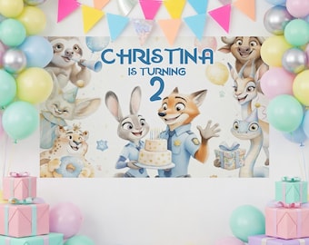 Custom Zootopia 2 Birthday Backdrop, Judy Hopps and Nick Wilde Backdrop, Zootropolis Party Decor, Kids Birthday Name & Age Banner