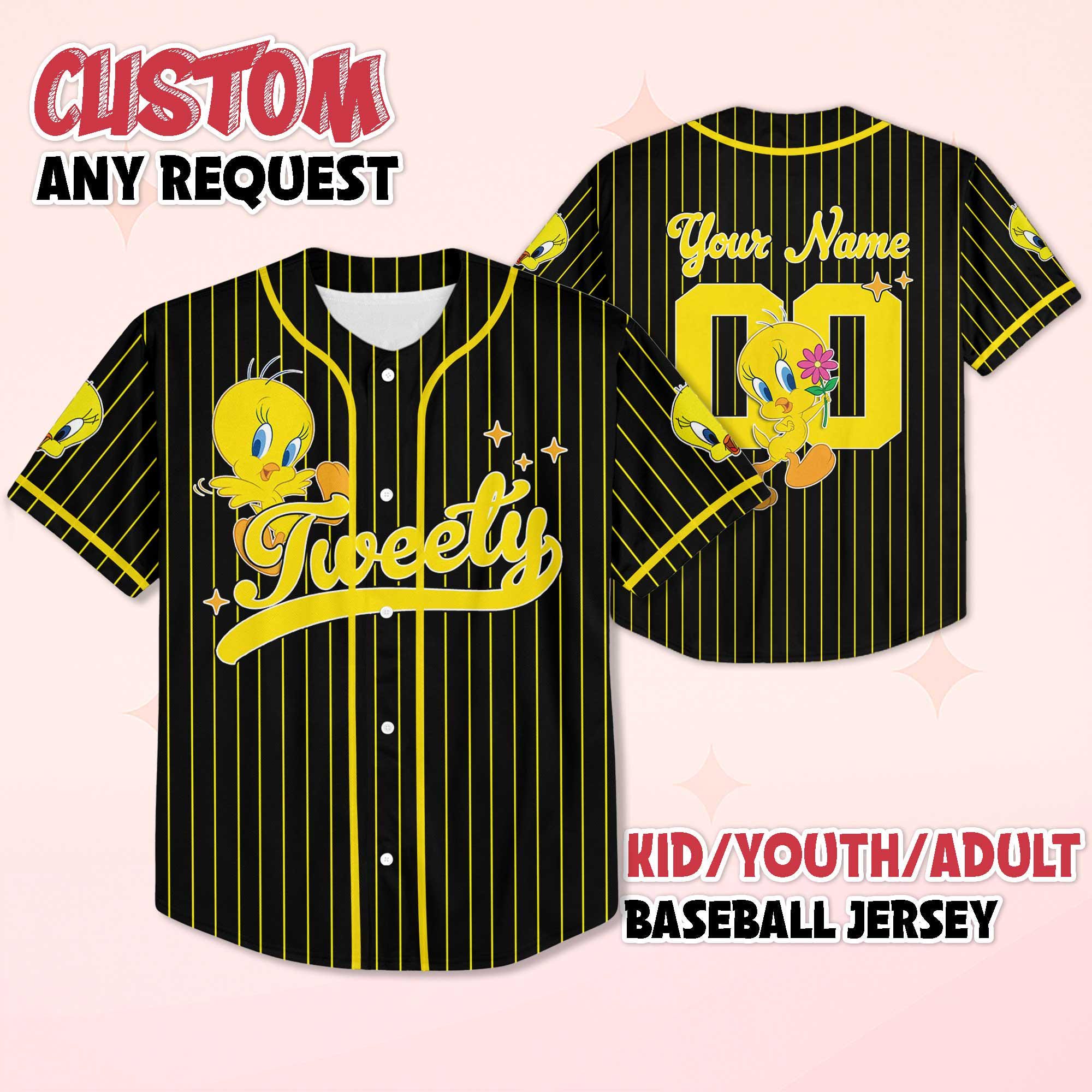 Discover Personalized Tweety Baseball Jersey, Custom Tweety Shirt, Baseball Team Outfit, Matching Family Shirt, Birthday Gift