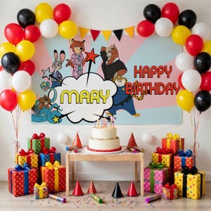 May include: A birthday party scene with a banner, balloons, gifts, and a cake. The banner features cartoon characters and the words "Happy Birthday Mary". Colorful balloons in red, yellow, black, and white decorate the scene. Wrapped gifts are stacked around a table with a two-tiered cake.