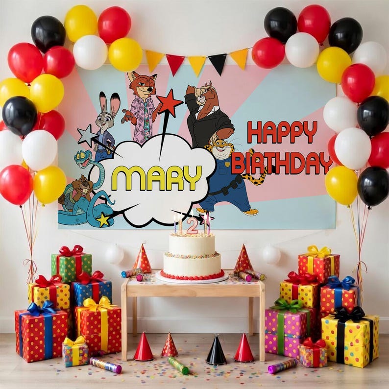 May include: A birthday party scene with a banner, balloons, gifts, and a cake. The banner features cartoon characters and the words "Happy Birthday Mary". Colorful balloons in red, yellow, black, and white decorate the scene. Wrapped gifts are stacked around a table with a two-tiered cake.