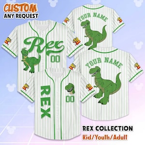 Camisa de beisebol personalizada do Toy Story Rex, camisa personalizada do Toy Story da Disney, traje combinando com a família Disney, presente para fãs da Disney