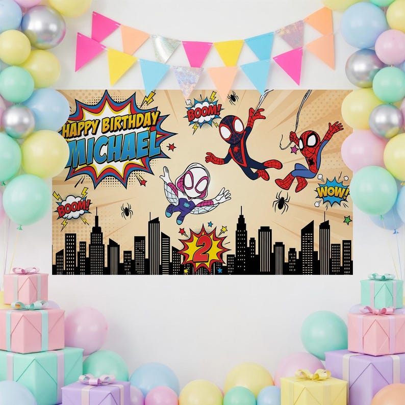 May include: A birthday banner with Spider-Man characters and the text "Happy Birthday Michael." The banner has a cityscape silhouette at the bottom and comic book speech bubbles. Balloons and gift boxes surround the banner.