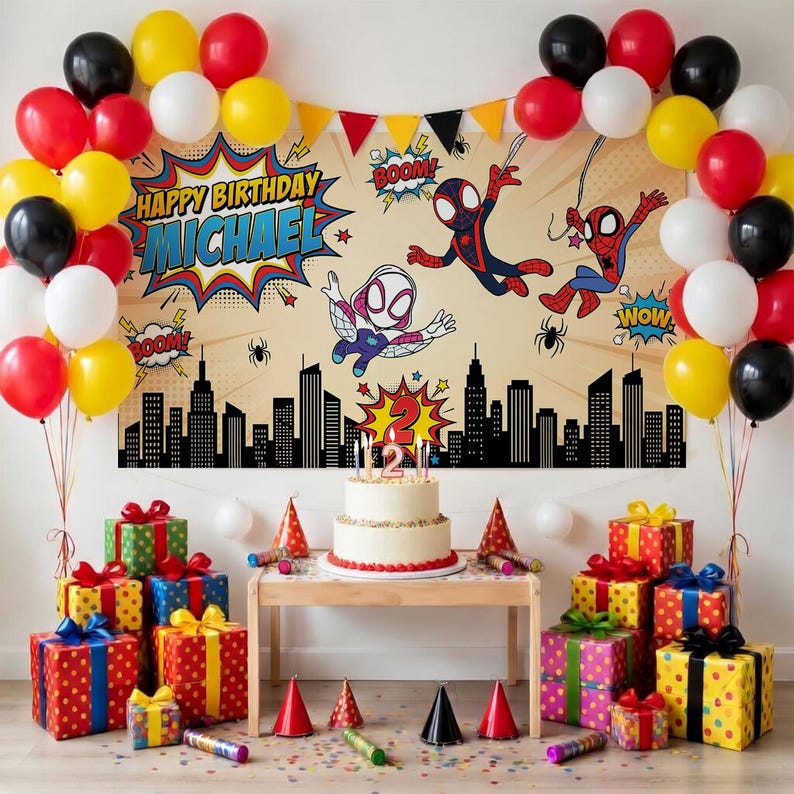 May include: A birthday party scene with a banner featuring Spider-Man characters, balloons, gifts, and a cake. The banner reads "Happy Birthday Michael". Balloons are red, yellow, black, and white. Gifts are wrapped in colourful paper.