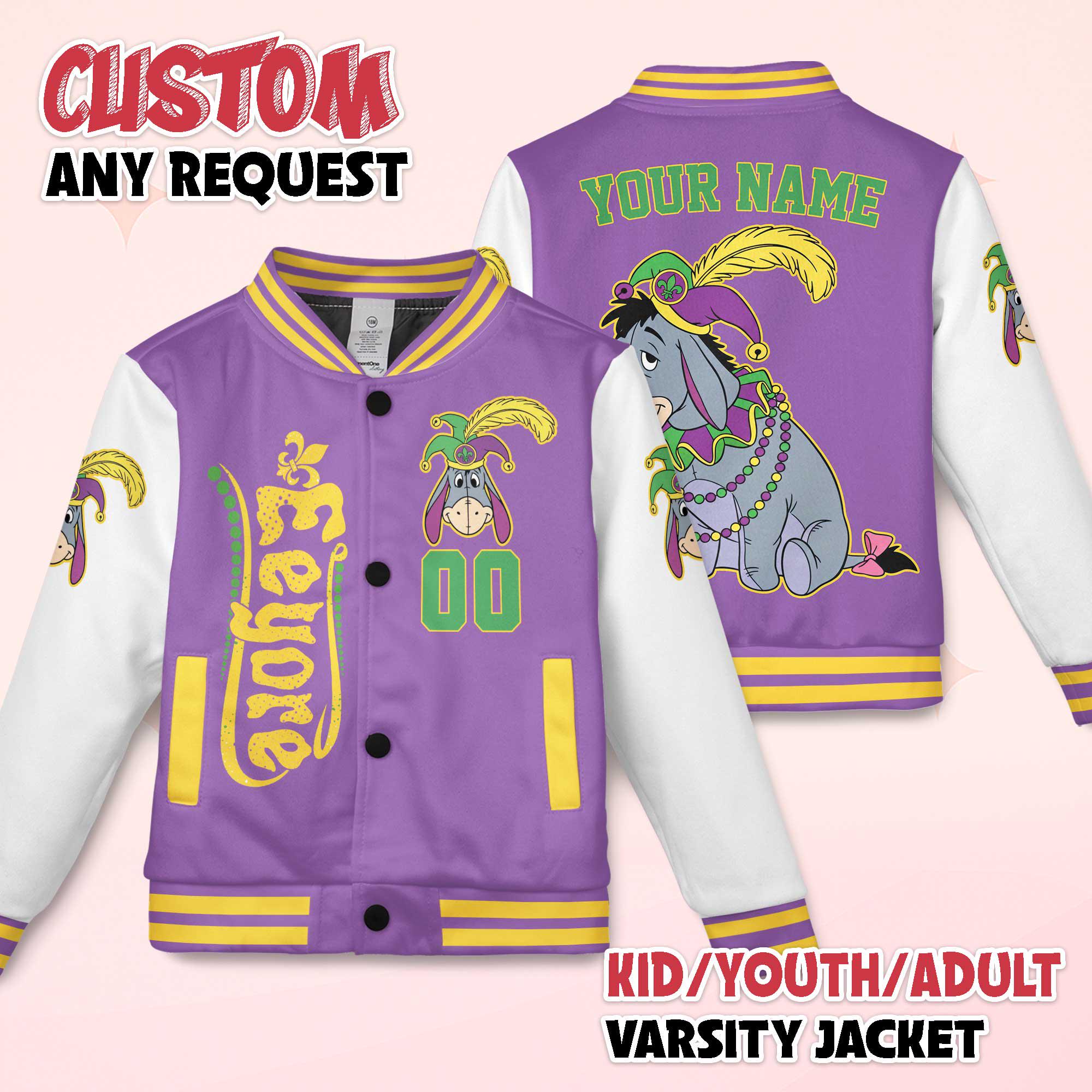 Discover Custom Eeyore Mardi Gras Varsity Jacket, Personalized Disney Winnie the Pooh Baseball Jacket, Birthday Gift