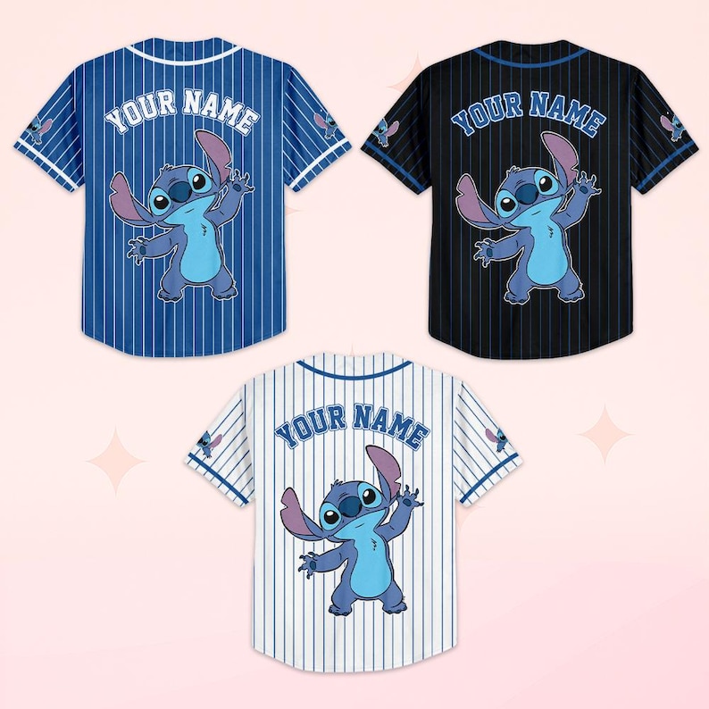 May include: Three baseball jerseys featuring a cartoon character. The jerseys are blue, black, and white with vertical stripes. Each jersey has the text "YOUR NAME" on the back and a cartoon character graphic.
