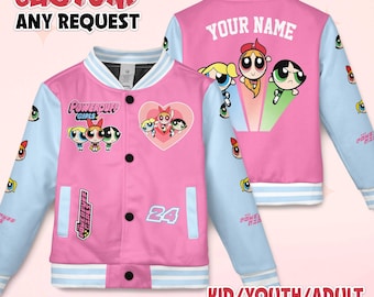 Chaqueta universitaria personalizada de Las Chicas Superpoderosas, chaqueta de béisbol de dibujos animados, chaqueta de Bombón, Burbuja y Bellota, uniforme de equipo de anime