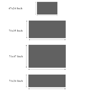 May include: Four rectangular gray shapes of varying sizes are displayed, with dimensions labeled in inches. The sizes are 47x24 inches, 71x35 inches, 71x47 inches, and 71x24 inches. The image is a visual guide to product sizing.
