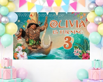 Moana Oceanic Birthday Banner, Moana Birthday Banner, Custom Name Age Moana Maui Backdrop, Kids Birthday Backdrop Gift For Boy Girl