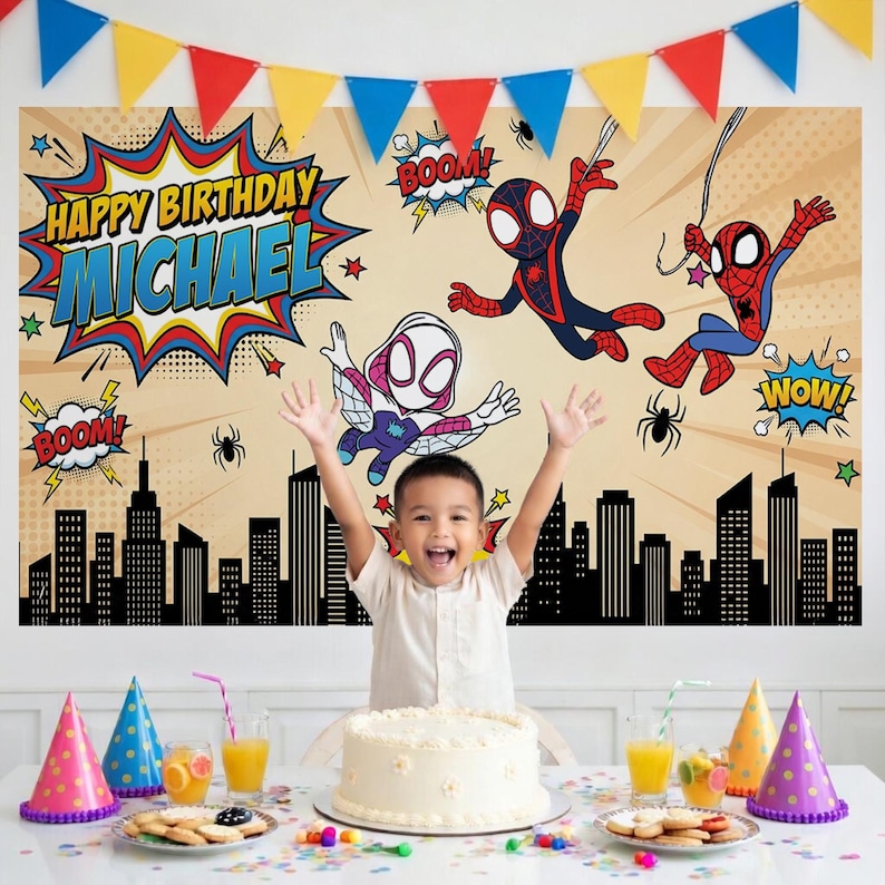 May include: A birthday party scene with a child in front of a backdrop featuring Spider-Man characters and the text "Happy Birthday Michael." A cake, party hats, and snacks are on the table. Colourful bunting hangs above.