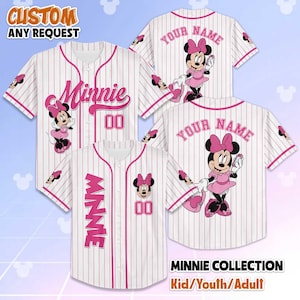 Personalized Minnie Mouse Baseball Jersey, Custom Disney Mickey and Friends Jersey Shirt, Matching Outfits for Disneyland Trips