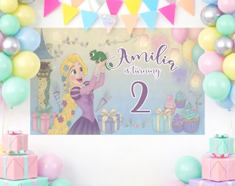 Anpassad Rapunzel-födelsedagsbanderoll, Prinsessans tornfestdekor, Trassel-inspirerad display, fotobås för flickfödelsedag, sagofestskylt